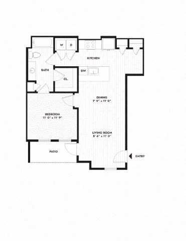 Floor plan for 1 bed, 1 bath, 723 sqft